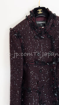 CHANEL 07PF Plum Burgundy Sequin Tweed Jacket Coat Skirt Suit 38 40 シャネル プラム バーガンディー スパンコール ツイード ジャケット コート スカート スーツ 即発