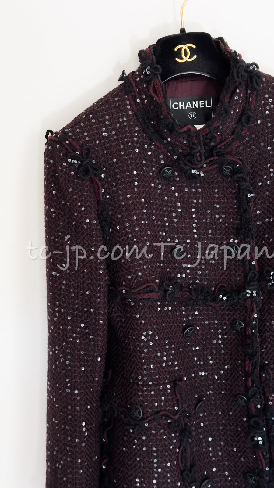CHANEL 07PF Plum Burgundy Sequin Tweed Jacket Coat Skirt Suit 38 40 シャネル プラム バーガンディー スパンコール ツイード ジャケット コート スカート スーツ 即発