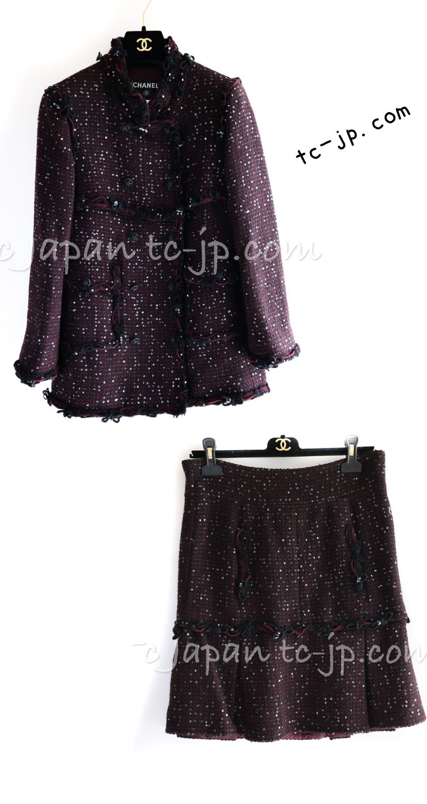 CHANEL 07PF Plum Burgundy Sequin Tweed Jacket Coat Skirt Suit 38 40 シャネル プラム バーガンディー スパンコール ツイード ジャケット コート スカート スーツ 即発