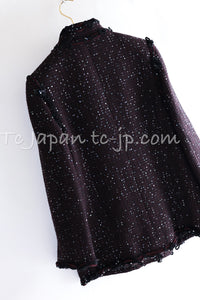 CHANEL 07PF Plum Burgundy Sequin Tweed Jacket Coat Skirt Suit 38 40 シャネル プラム バーガンディー スパンコール ツイード ジャケット コート スカート スーツ 即発