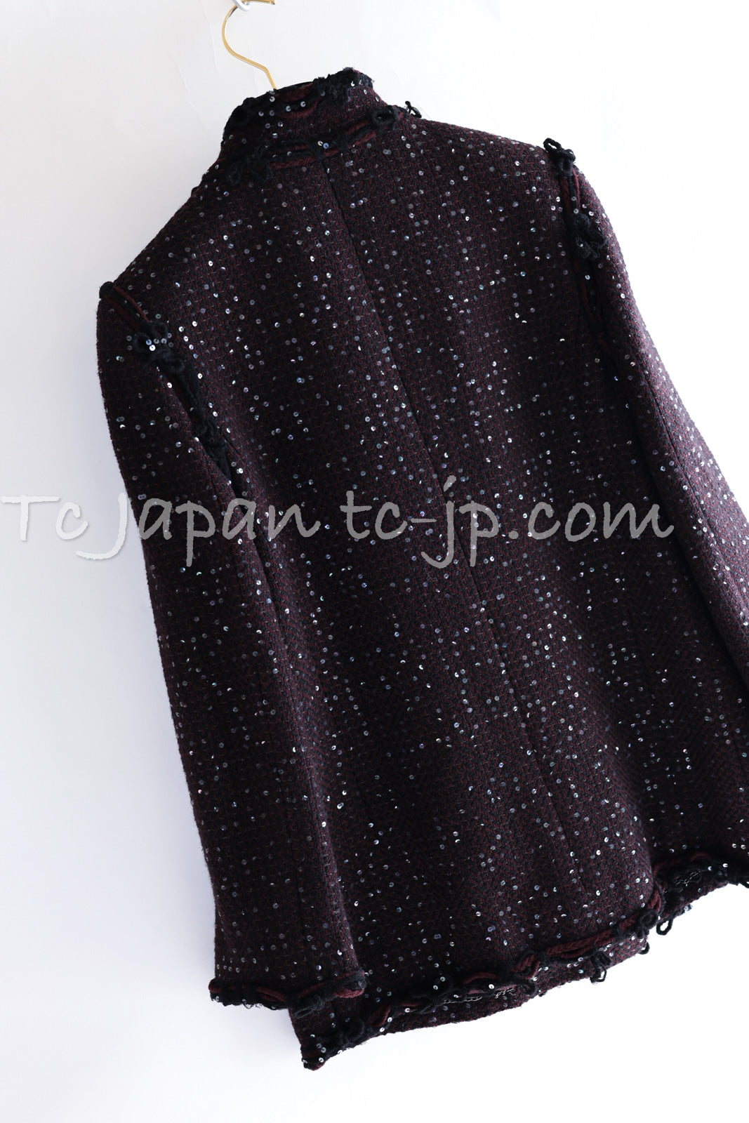 CHANEL 07PF Plum Burgundy Sequin Tweed Jacket Coat Skirt Suit 38 40 シャネル プラム バーガンディー スパンコール ツイード ジャケット コート スカート スーツ 即発