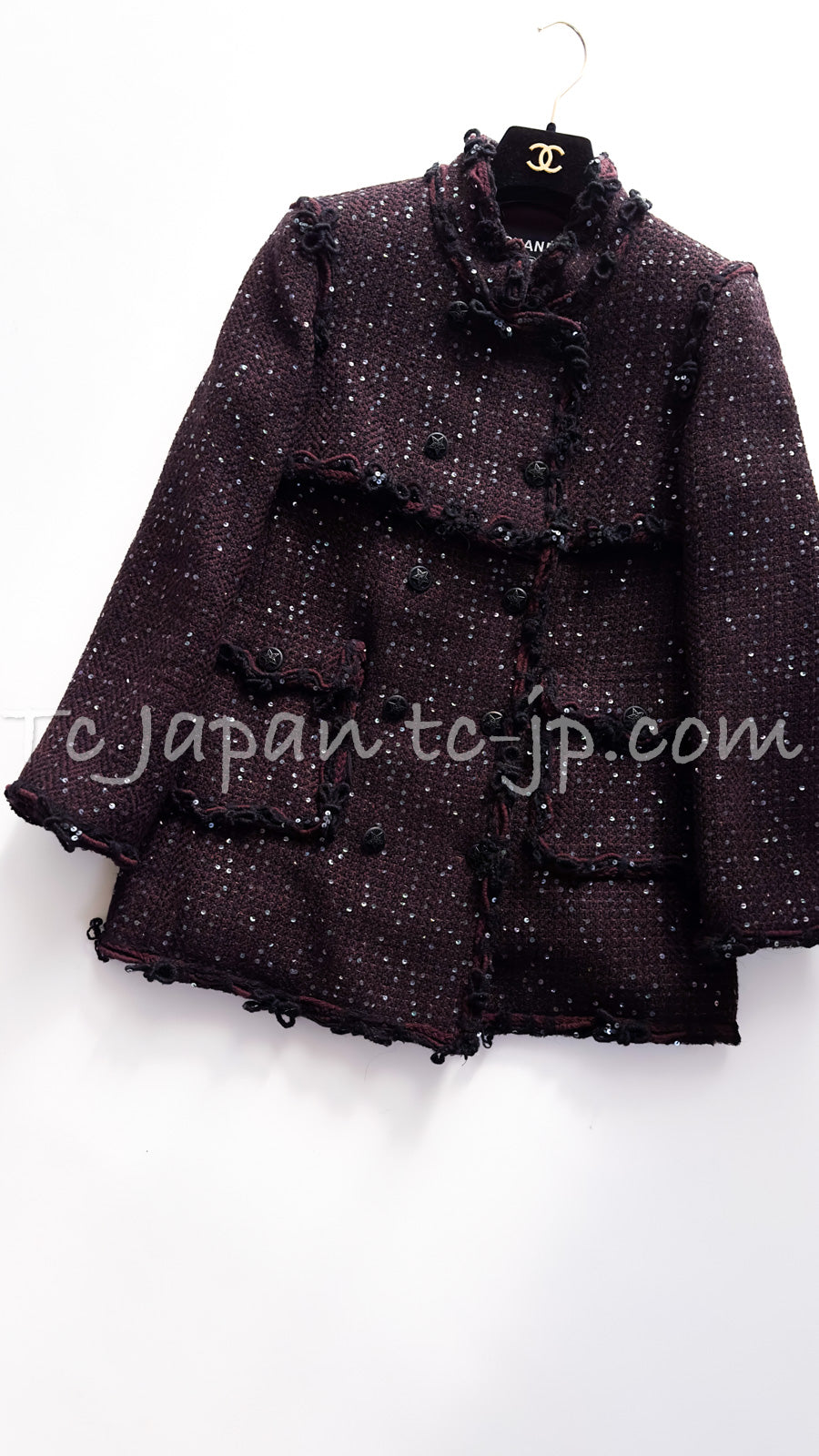 CHANEL 07PF Plum Burgundy Sequin Tweed Jacket Coat Skirt Suit 38 40 シャネル プラム バーガンディー スパンコール ツイード ジャケット コート スカート スーツ 即発