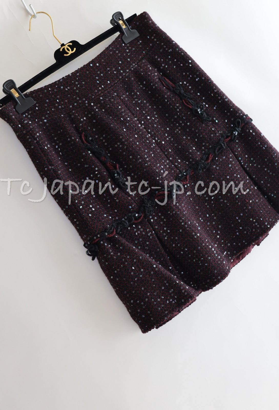 CHANEL 07PF Plum Burgundy Sequin Tweed Jacket Coat Skirt Suit 38 40 シャネル プラム バーガンディー スパンコール ツイード ジャケット コート スカート スーツ 即発