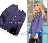CHANEL 13S Indigo Navy Purple Pink Pearl Big CC Button Tweed Jacket 38 シャネル インディゴネイビー・パープル・ピンク・パール ビッグ CC ボタン・ノーカラー ツイード・ジャケット 即発