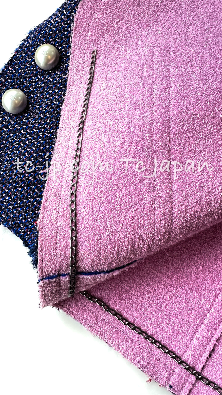 CHANEL 13S Indigo Navy Purple Pink Pearl Big CC Button Tweed Jacket 38 シャネル インディゴネイビー・パープル・ピンク・パール ビッグ CC ボタン・ノーカラー ツイード・ジャケット 即発