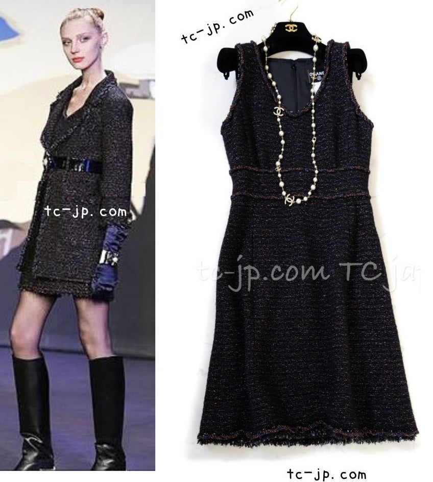 CHANEL 07PF Black Blue Metallic Braid Trim Wool Cashmere Tweed Dress 36 シャネル ブラック ブルー メタリック ブレイドトリム ウール カシミア ツイード ワンピース 即発