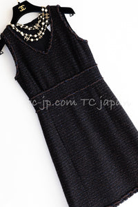 CHANEL 07PF Black Blue Metallic Braid Trim Wool Cashmere Tweed Dress 36 シャネル ブラック ブルー メタリック ブレイドトリム ウール カシミア ツイード ワンピース 即発