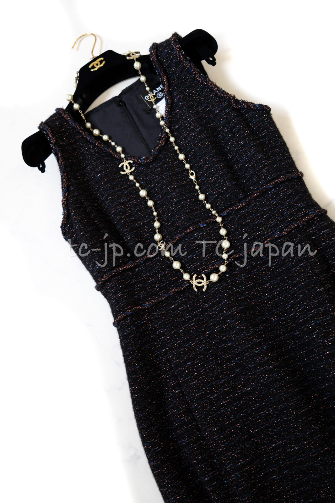CHANEL 07PF Black Blue Metallic Braid Trim Wool Cashmere Tweed Dress 36 シャネル ブラック ブルー メタリック ブレイドトリム ウール カシミア ツイード ワンピース 即発
