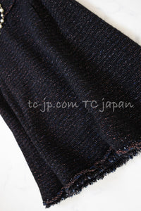 CHANEL 07PF Black Blue Metallic Braid Trim Wool Cashmere Tweed Dress 36 シャネル ブラック ブルー メタリック ブレイドトリム ウール カシミア ツイード ワンピース 即発