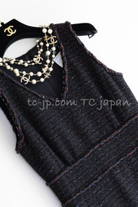 CHANEL 07PF Black Blue Metallic Braid Trim Wool Cashmere Tweed Dress 36 シャネル ブラック ブルー メタリック ブレイドトリム ウール カシミア ツイード ワンピース 即発