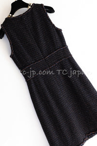 CHANEL 07PF Black Blue Metallic Braid Trim Wool Cashmere Tweed Dress 36 シャネル ブラック ブルー メタリック ブレイドトリム ウール カシミア ツイード ワンピース 即発