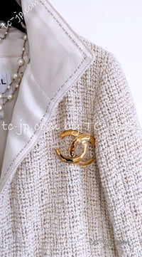 CHANEL 12PF Ivory Creme Metallic Silk Collar Mohair Tweed Coat 38 40 42 シャネル アイボリー クリーム メタリック シルク襟 モヘア ツイード コート 即発