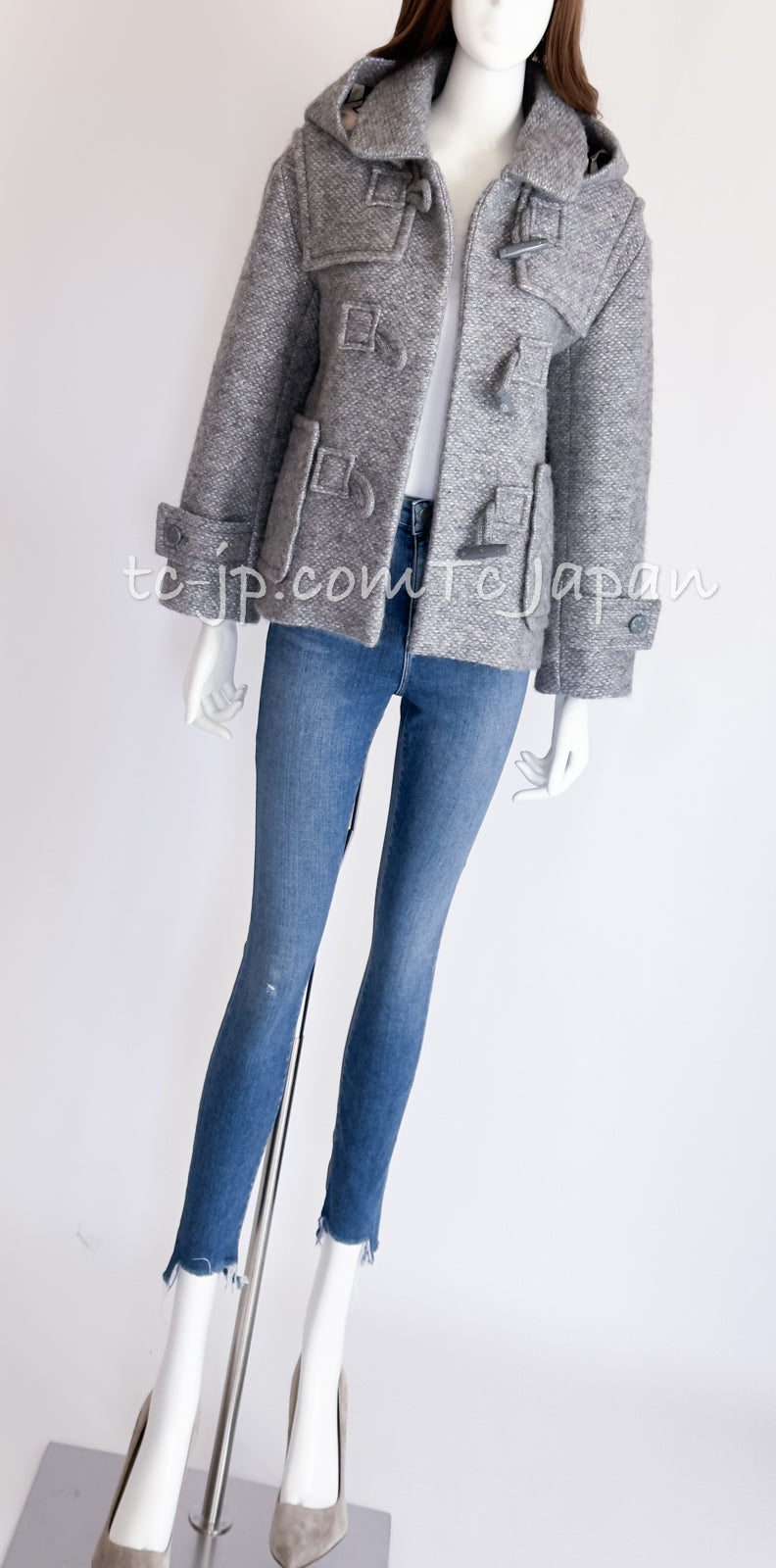 CHANEL 21B Gray Silver Wool Alpaca Blouson Duffel Coat 36 38 42 44 46 シャネル グレー シルバー ウール アルパカ ブルゾン ダッフル コート 即発