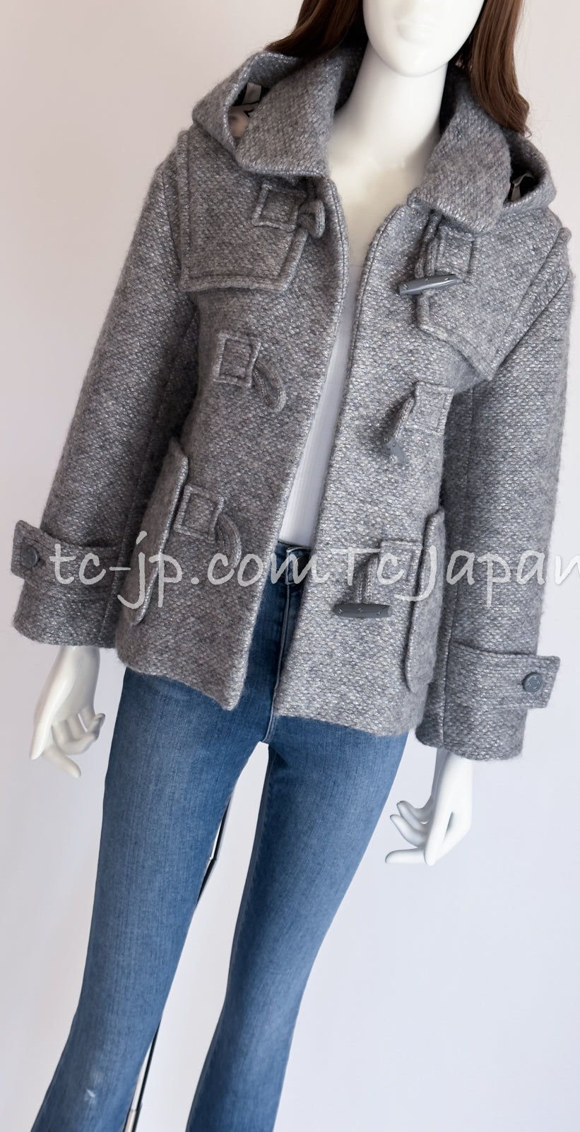CHANEL 21B Gray Silver Wool Alpaca Blouson Duffel Coat 36 38 42 44 46 シャネル グレー シルバー ウール アルパカ ブルゾン ダッフル コート 即発