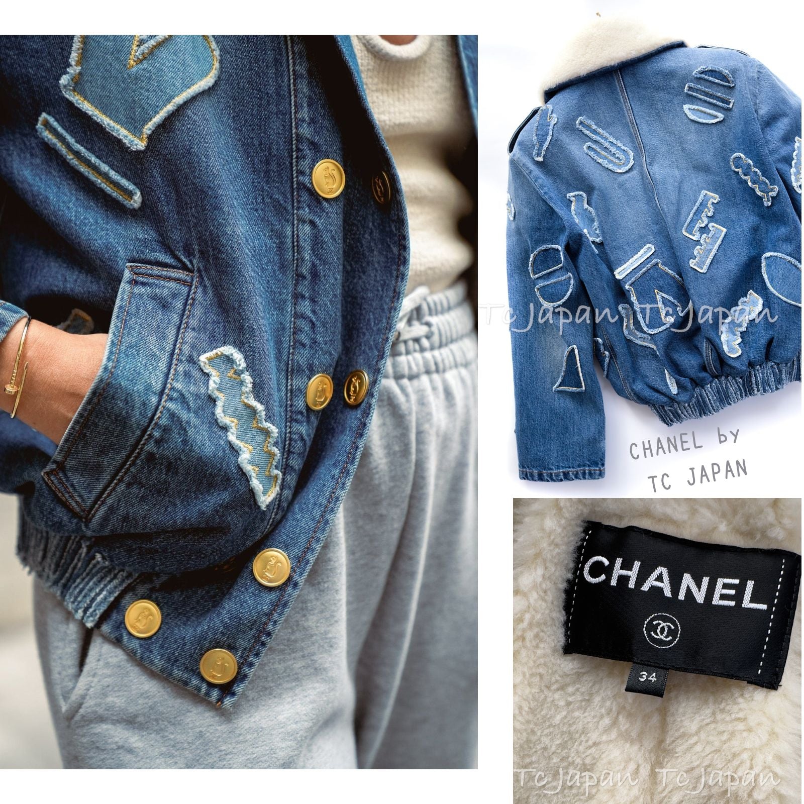 CHANEL 19PF Blue Denim Double Jacket Coat 34 36 38 シャネル ブルー デニム ボア襟 ジャケット コート 即発