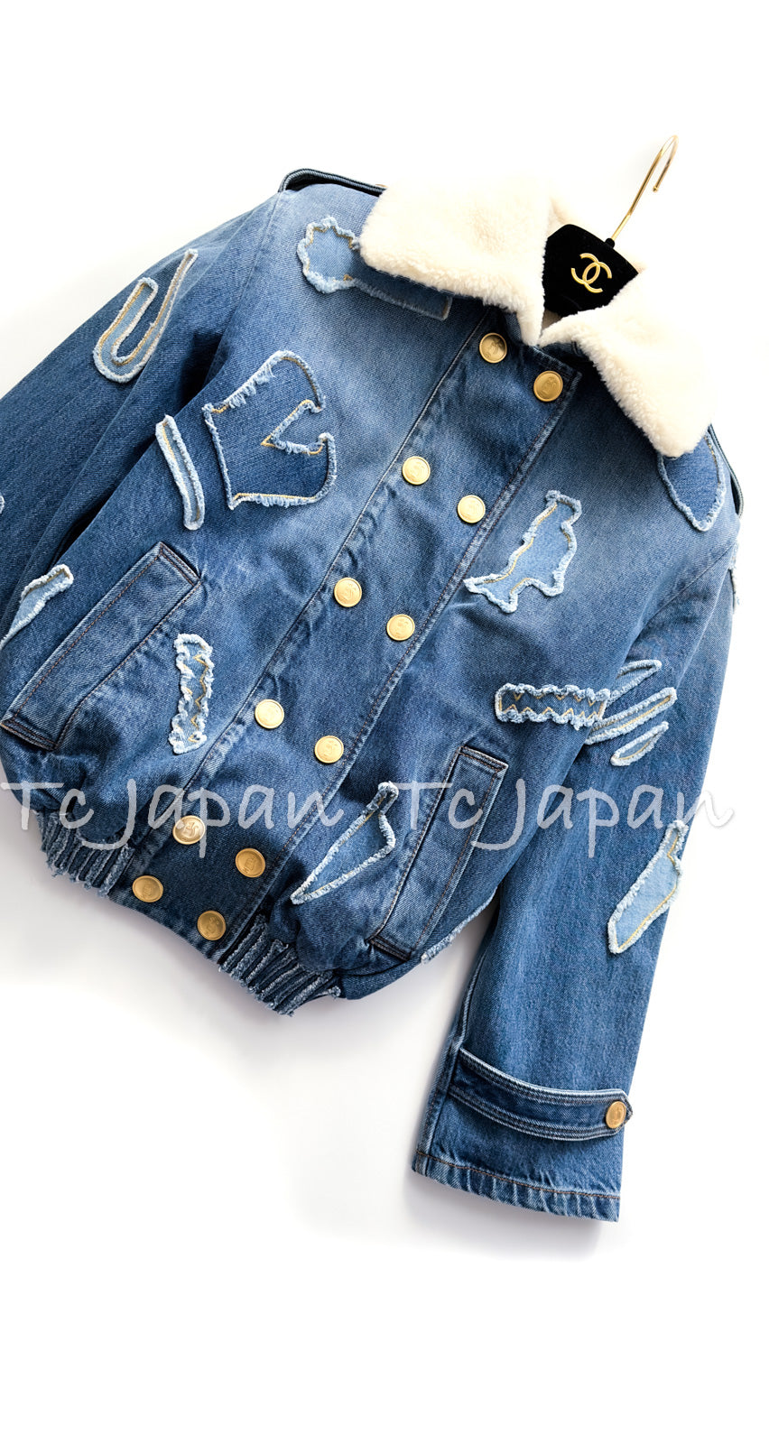 CHANEL 19PF Blue Denim Double Jacket Coat 34 36 38 シャネル ブルー デニム ボア襟 ジャケット コート 即発