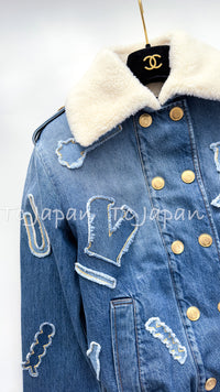CHANEL 19PF Blue Denim Double Jacket Coat 34 36 38 シャネル ブルー デニム ボア襟 ジャケット コート 即発