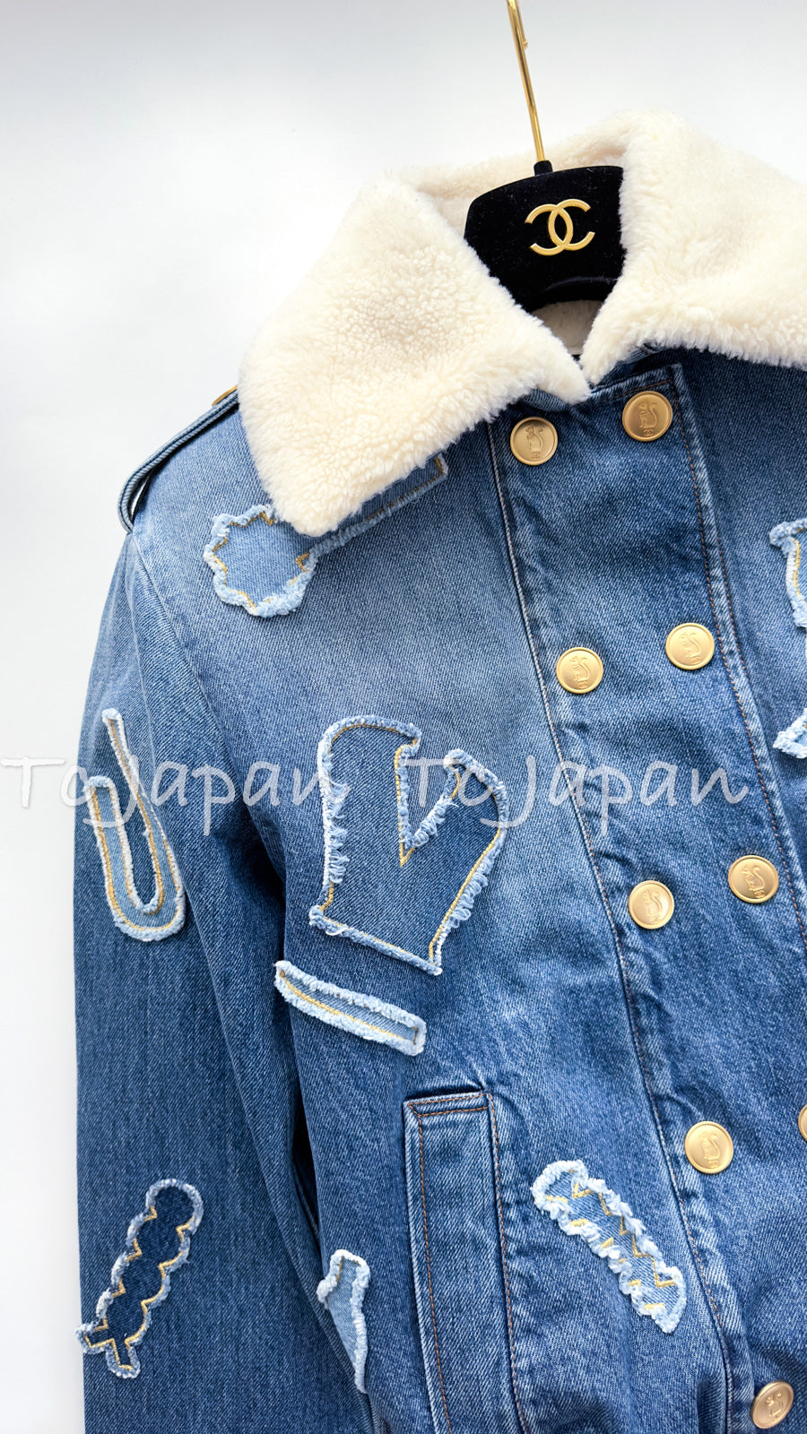CHANEL 19PF Blue Denim Double Jacket Coat 34 36 38 シャネル ブルー デニム ボア襟 ジャケット コート 即発
