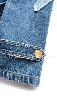 CHANEL 19PF Blue Denim Double Jacket Coat 34 36 38 シャネル ブルー デニム ボア襟 ジャケット コート 即発