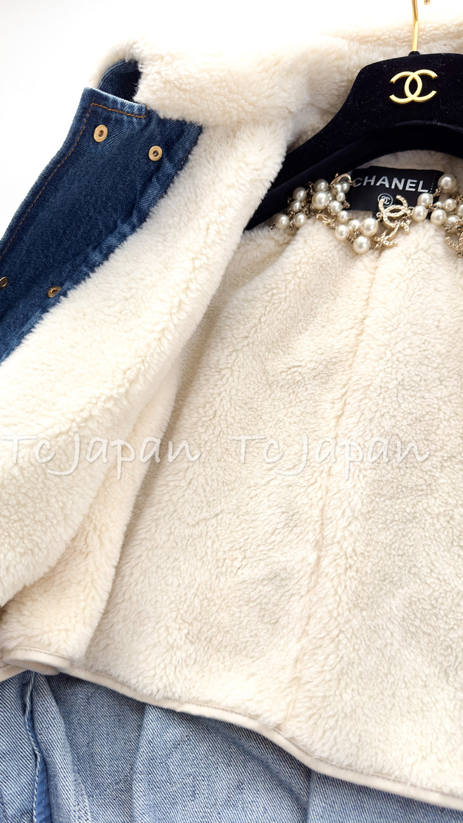 CHANEL 19PF Blue Denim Double Jacket Coat 34 36 38 シャネル ブルー デニム ボア襟 ジャケット コート 即発