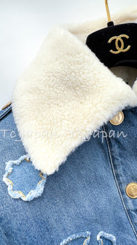 CHANEL 19PF Blue Denim Double Jacket Coat 34 36 38 シャネル ブルー デニム ボア襟 ジャケット コート 即発