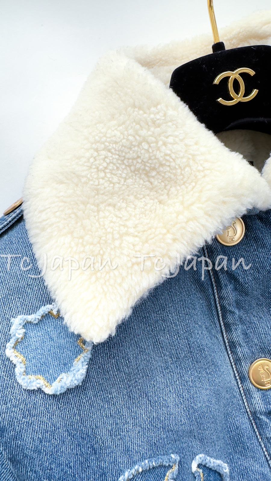 CHANEL 19PF Blue Denim Double Jacket Coat 34 36 38 シャネル ブルー デニム ボア襟 ジャケット コート 即発