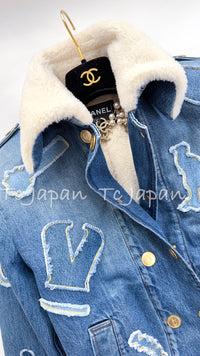 CHANEL 19PF Blue Denim Double Jacket Coat 34 36 38 シャネル ブルー デニム ボア襟 ジャケット コート 即発