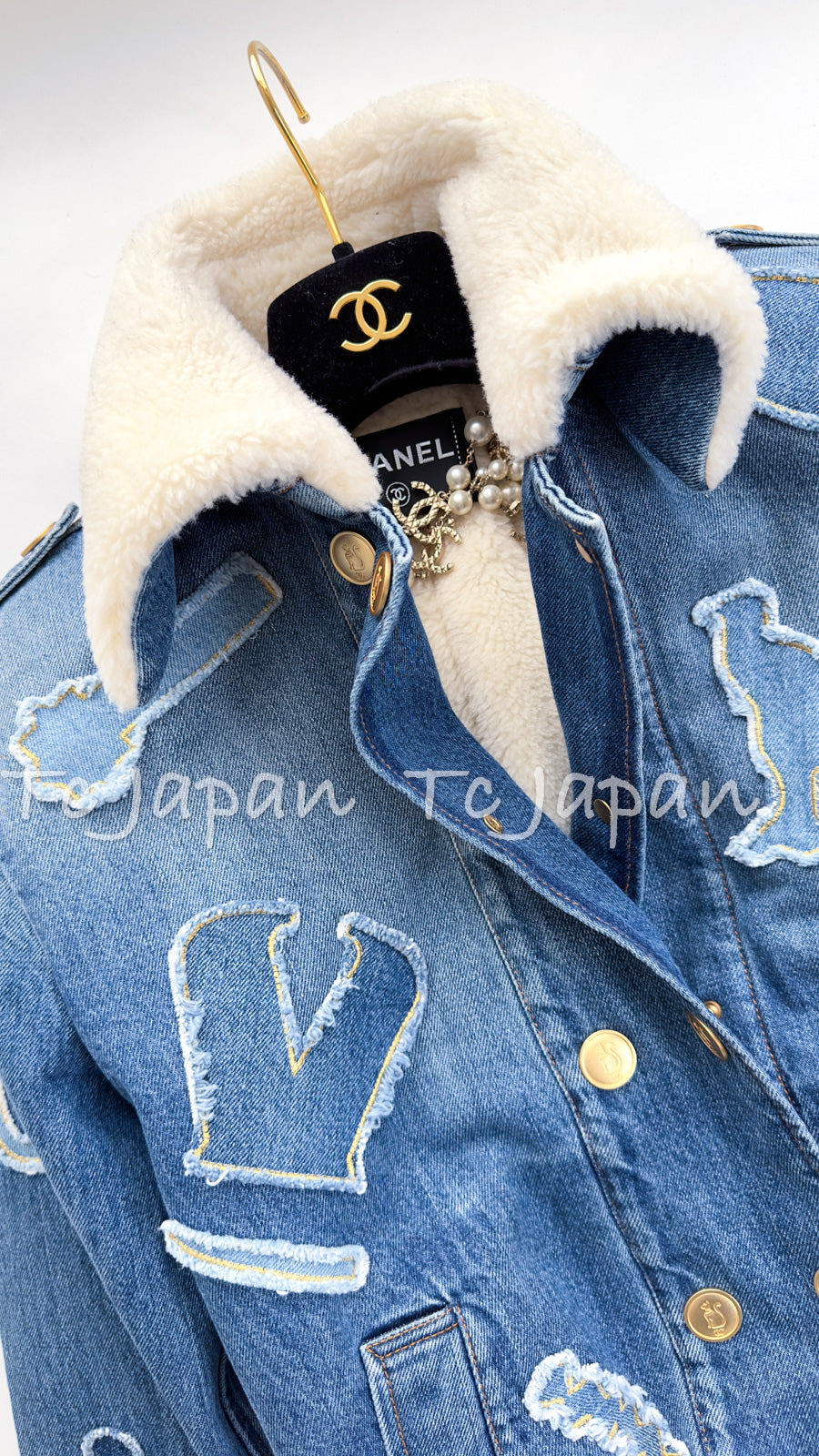 CHANEL 19PF Blue Denim Double Jacket Coat 34 36 38 シャネル ブルー デニム ボア襟 ジャケット コート 即発