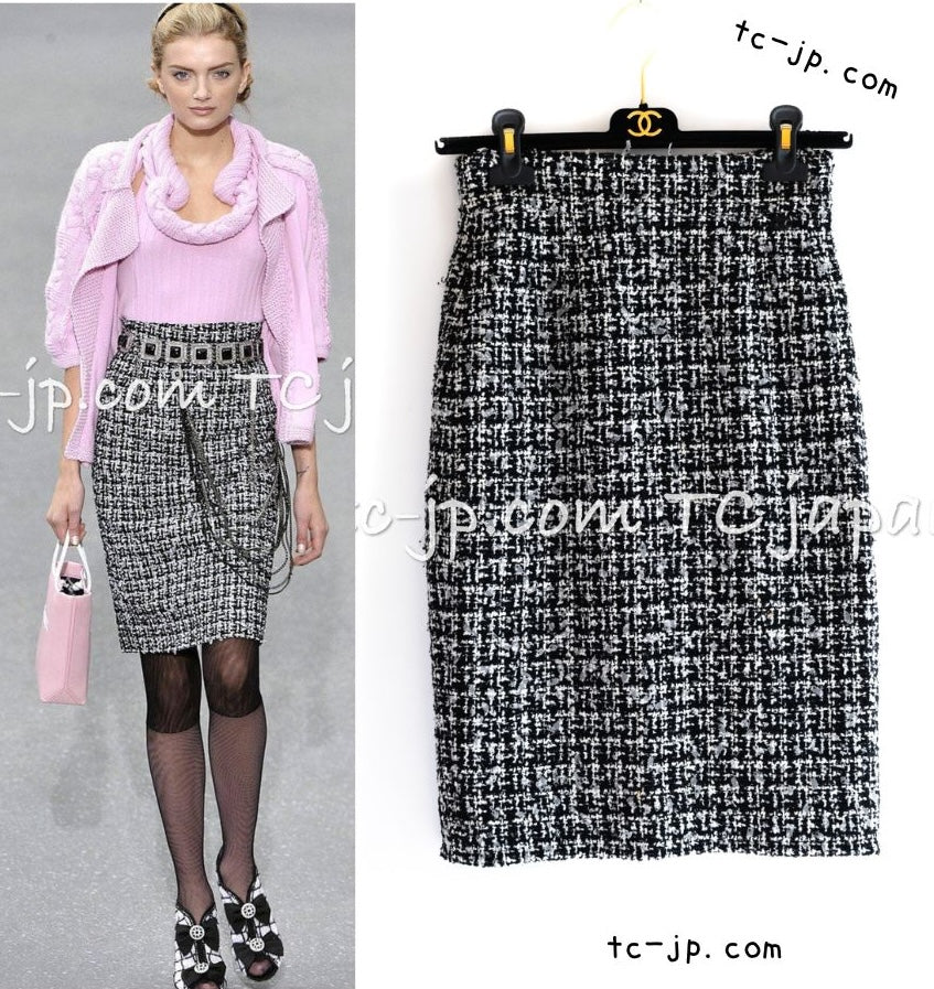CHANEL 09S Black White Wool Cotton Tweed Skirt 34 シャネル ブラック ホワイト ウール コットン ツイード スカート 即発
