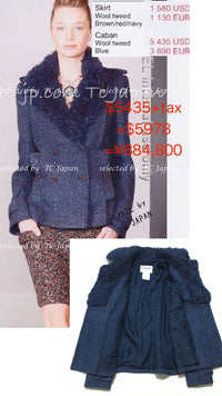CHANEL 12A Navy Boa Collars Wool Double Breasted Tweed Jacket Coat 36 38 シャネル ネイビー・ボア襟付き・ウール・ダブル・コート・ジャケット 即発
