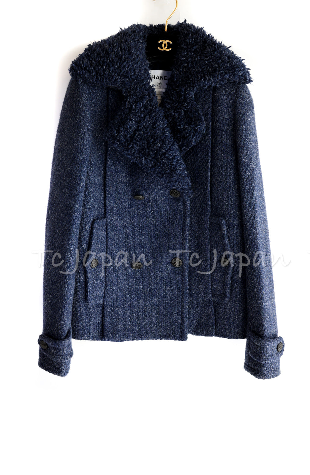 CHANEL 12A Navy Boa Collars Wool Double Breasted Tweed Jacket Coat 36 38 シャネル ネイビー・ボア襟付き・ウール・ダブル・コート・ジャケット 即発