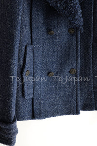 CHANEL 12A Navy Boa Collars Wool Double Breasted Tweed Jacket Coat 36 38 シャネル ネイビー・ボア襟付き・ウール・ダブル・コート・ジャケット 即発