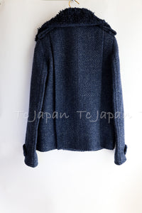 CHANEL 12A Navy Boa Collars Wool Double Breasted Tweed Jacket Coat 36 38 シャネル ネイビー・ボア襟付き・ウール・ダブル・コート・ジャケット 即発