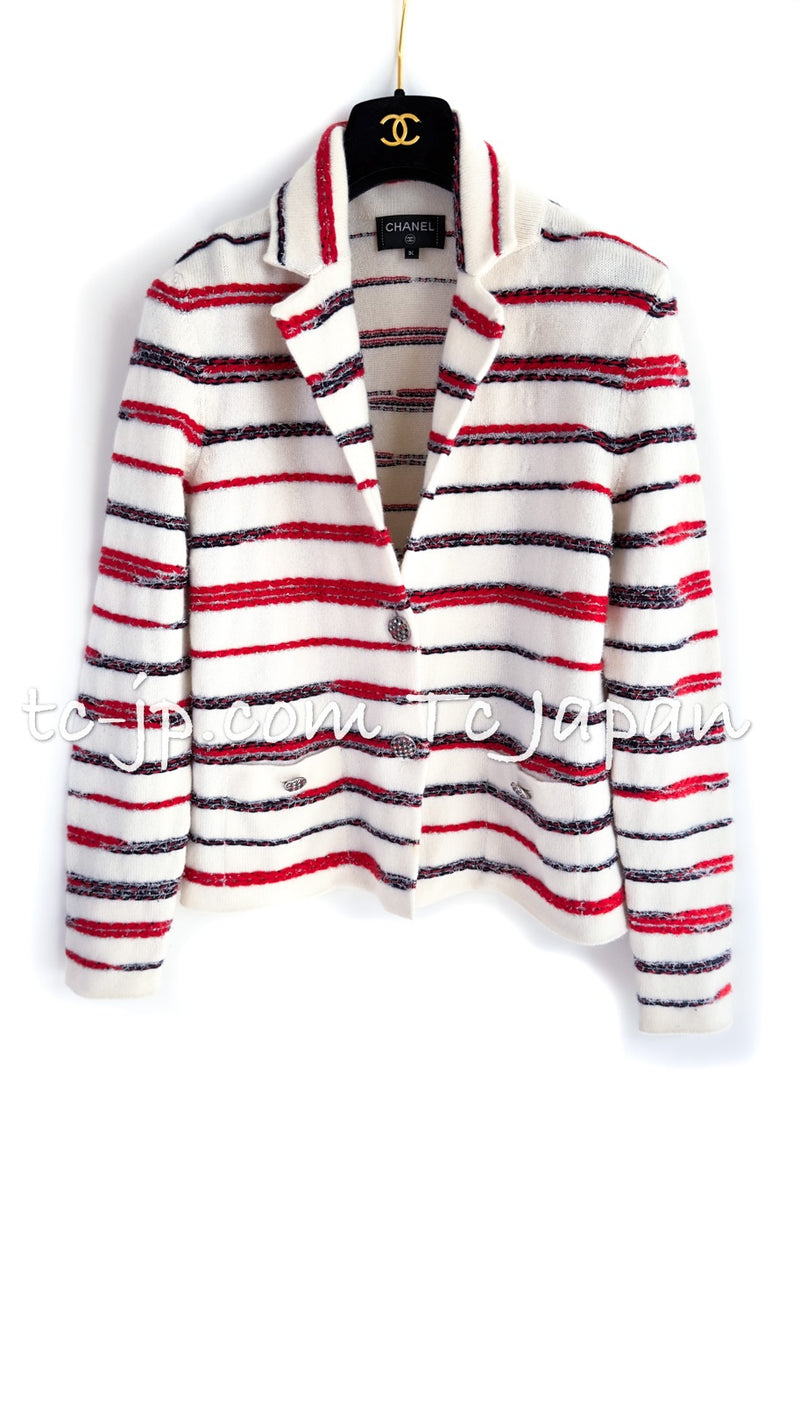 CHANEL 20S Ivory Red Striped Cashmere Knit Jacket Cardigan 34 36 シャネル アイボリー レッド ボーダー カシミア ニット ジャケット カーディガン 即発