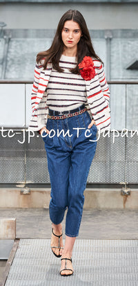 CHANEL 20S Ivory Red Striped Cashmere Knit Jacket Cardigan 34 36 シャネル アイボリー レッド ボーダー カシミア ニット ジャケット カーディガン 即発