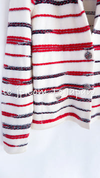 CHANEL 20S Ivory Red Striped Cashmere Knit Jacket Cardigan 34 36 シャネル アイボリー レッド ボーダー カシミア ニット ジャケット カーディガン 即発