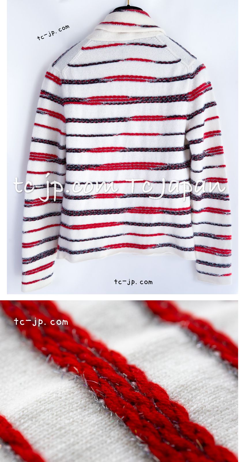 CHANEL 20S Ivory Red Striped Cashmere Knit Jacket Cardigan 34 36 シャネル アイボリー レッド ボーダー カシミア ニット ジャケット カーディガン 即発