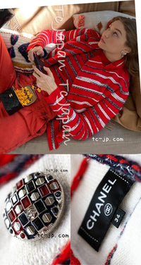 CHANEL 20S Ivory Red Striped Cashmere Knit Jacket Cardigan 34 36 シャネル アイボリー レッド ボーダー カシミア ニット ジャケット カーディガン 即発