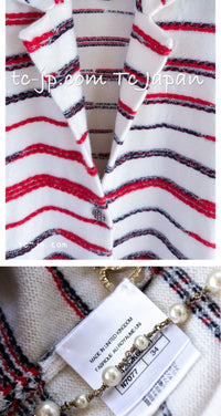 CHANEL 20S Ivory Red Striped Cashmere Knit Jacket Cardigan 34 36 シャネル アイボリー レッド ボーダー カシミア ニット ジャケット カーディガン 即発