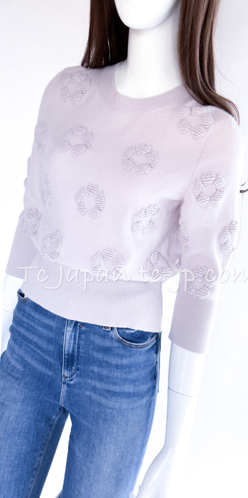 シャネル 淡いラベンダー 立体カメリア模様 カシミア 100 ニット 