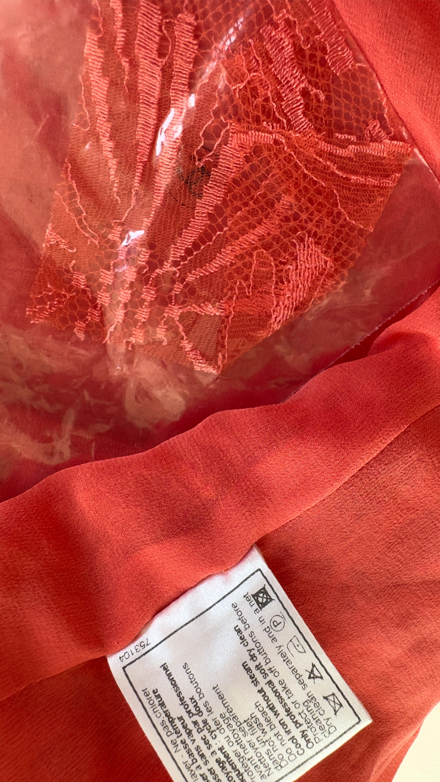 CHANEL 06C Coral Orange Lace Dress with Ruffle with Camellia 38 シャネル コーラル オレンジ カメリア付 レース ワンピース 即発