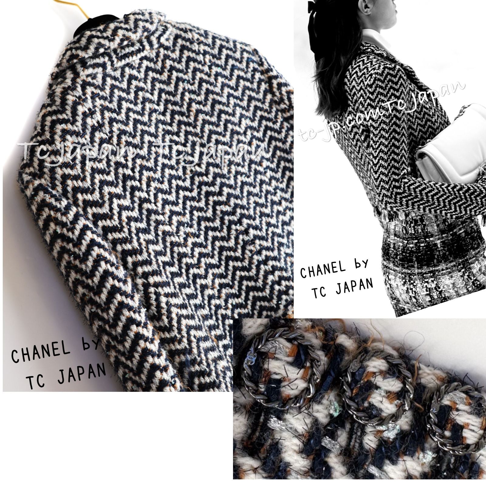 CHANEL 19A Navy Ivory Mix Tweed Cropped Fringe Jacket 38 シャネル アイボリー ネイビー シェベロン クロップド フリンジ ミックス ツイード ジャケット 即発