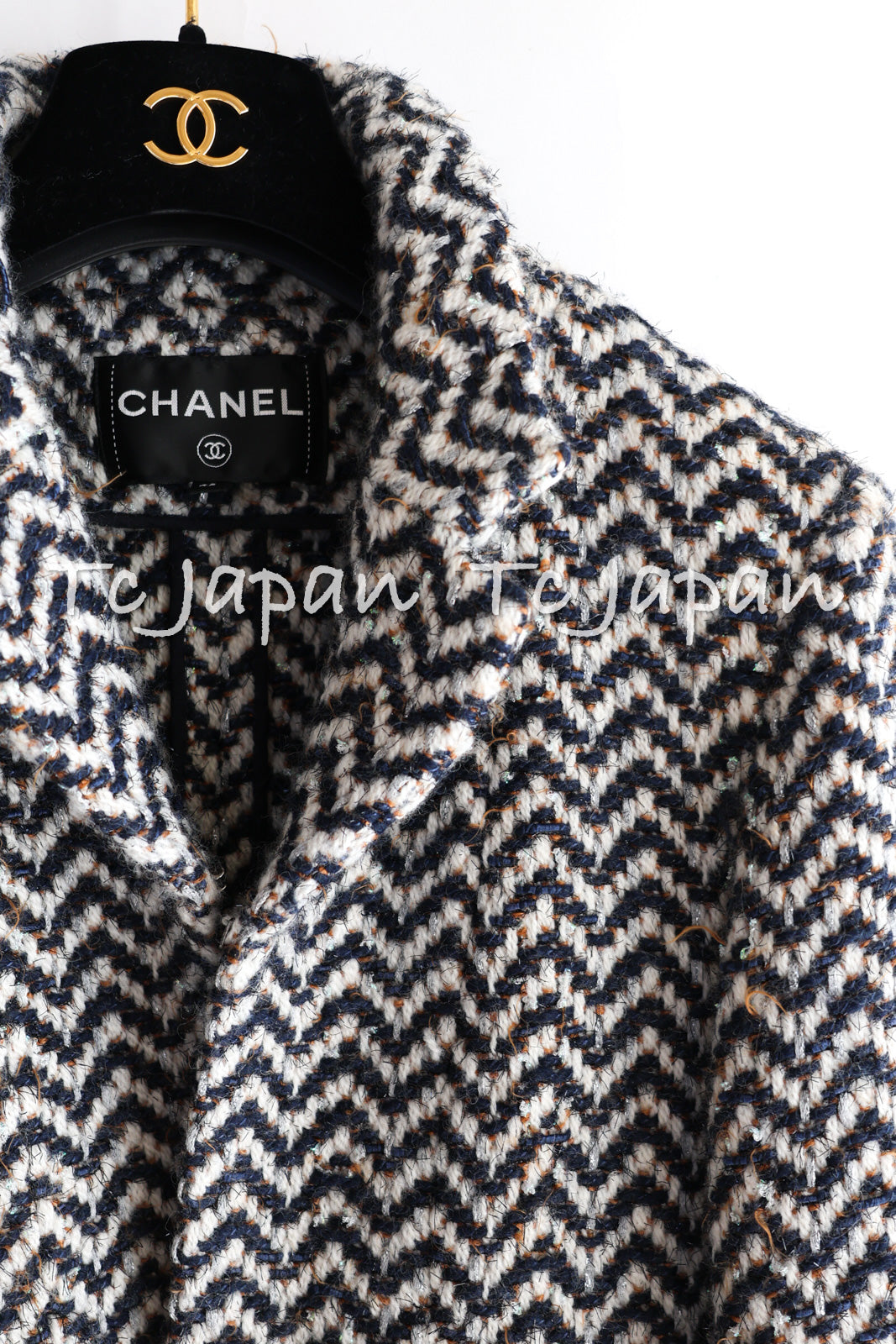 CHANEL 19A Navy Ivory Mix Tweed Cropped Fringe Jacket 38 シャネル アイボリー ネイビー シェベロン クロップド フリンジ ミックス ツイード ジャケット 即発
