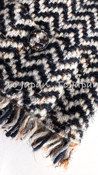 CHANEL 19A Navy Ivory Mix Tweed Cropped Fringe Jacket 38 シャネル アイボリー ネイビー シェベロン クロップド フリンジ ミックス ツイード ジャケット 即発