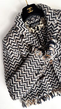 CHANEL 19A Navy Ivory Mix Tweed Cropped Fringe Jacket 38 シャネル アイボリー ネイビー シェベロン クロップド フリンジ ミックス ツイード ジャケット 即発