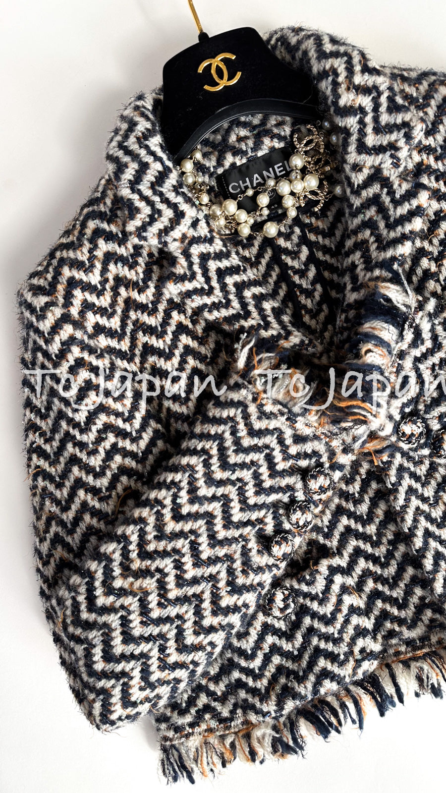 CHANEL 19A Navy Ivory Mix Tweed Cropped Fringe Jacket 38 シャネル アイボリー ネイビー シェベロン クロップド フリンジ ミックス ツイード ジャケット 即発