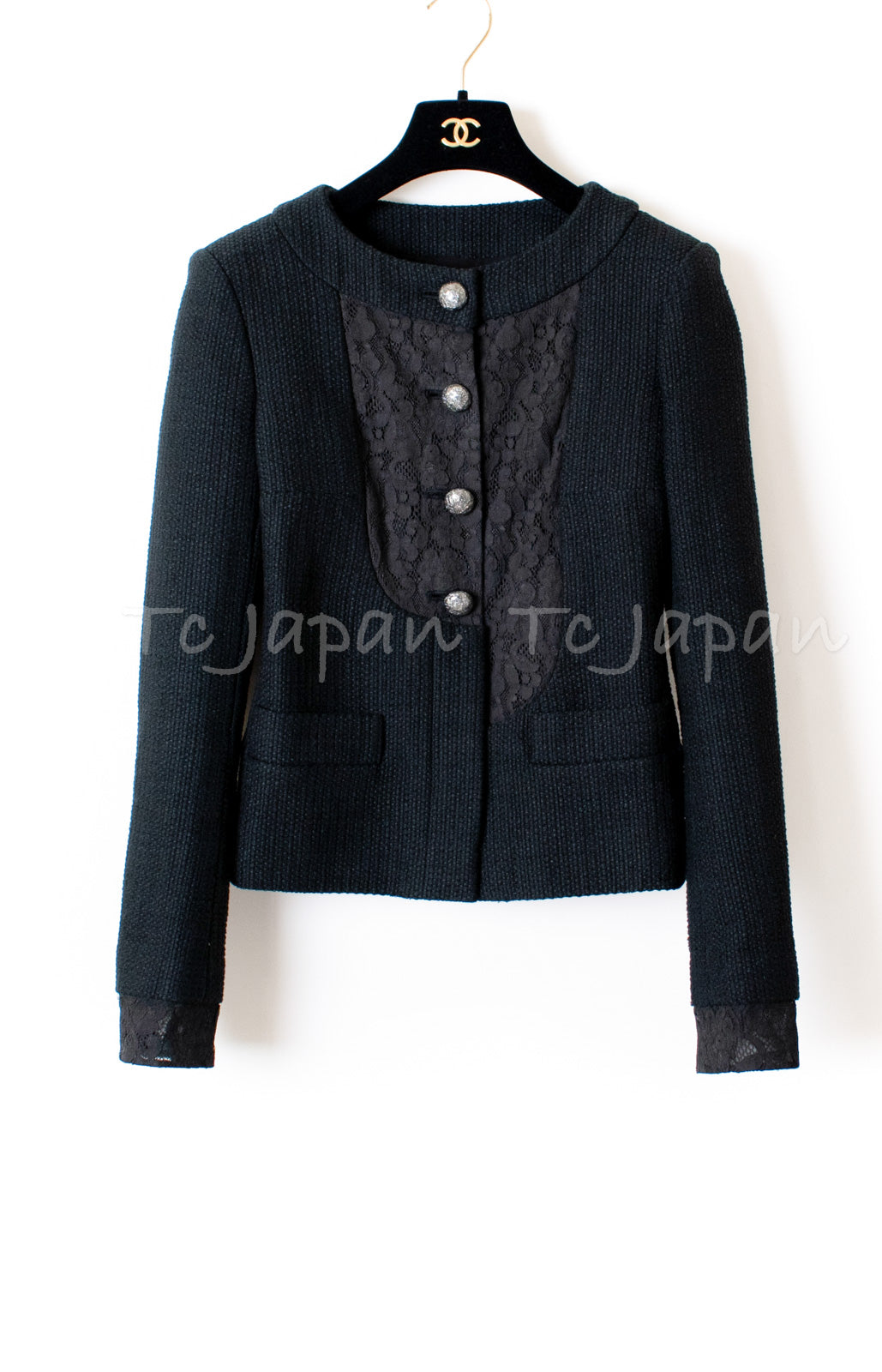 CHANEL 15S Keira Knightley Black Lace Cotton Tweed Jacket CC Button 46 シャネル  キーラ ナイトレイ着用 ブラック ツイード ジャケット ココボタン 希少サイズ  即発