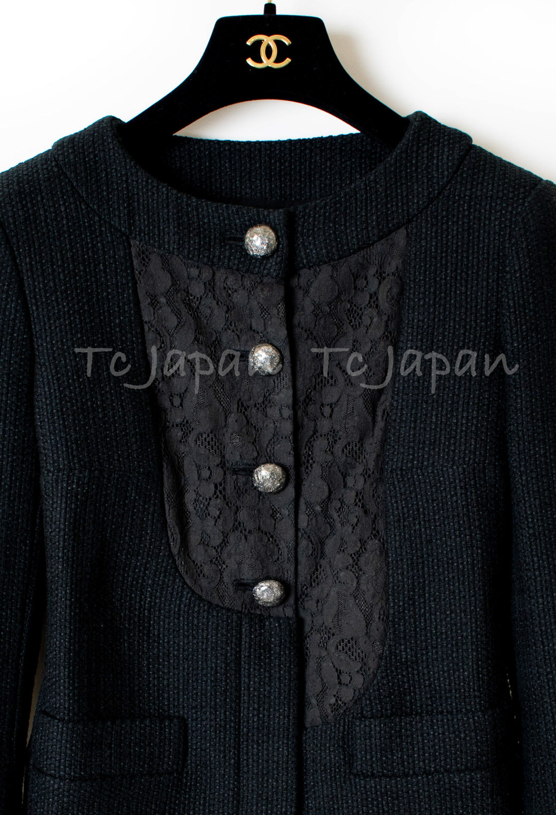 CHANEL 15S Keira Knightley Black Lace Cotton Tweed Jacket CC Button 46 シャネル  キーラ ナイトレイ着用 ブラック ツイード ジャケット ココボタン 希少サイズ  即発