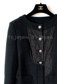 CHANEL 15S Keira Knightley Black Lace Cotton Tweed Jacket CC Button 46 シャネル  キーラ ナイトレイ着用 ブラック ツイード ジャケット ココボタン 希少サイズ  即発
