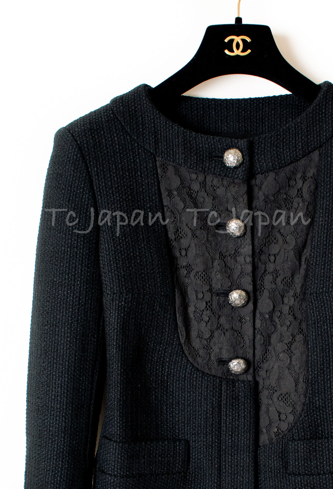 CHANEL 15S Keira Knightley Black Lace Cotton Tweed Jacket CC Button 46 シャネル  キーラ ナイトレイ着用 ブラック ツイード ジャケット ココボタン 希少サイズ  即発